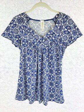 PerSeption Concept Blue & White Medallion Blouse Double V-Neck Cap Sleeves Sz S